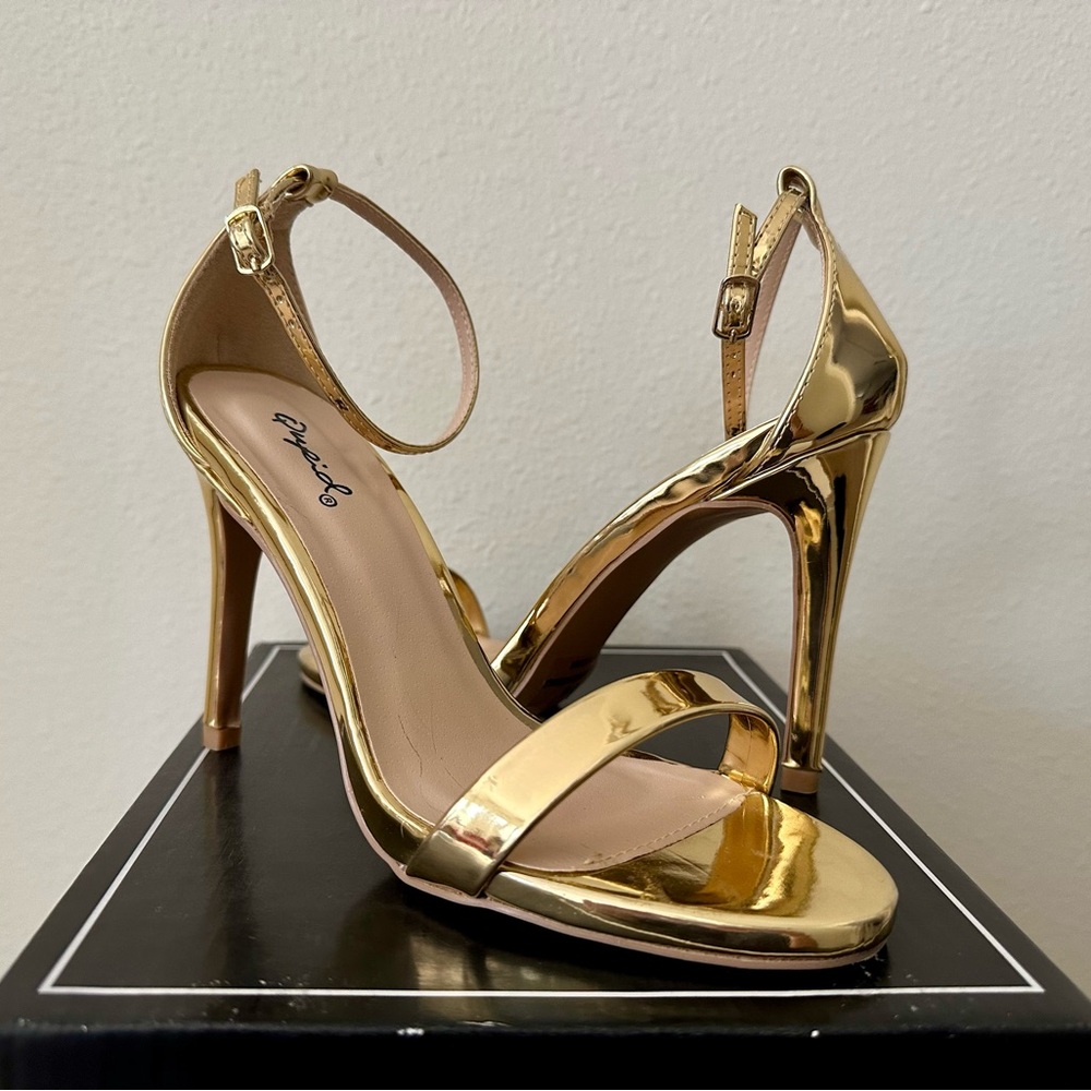 Qupid Gold Stiletto Heels with Chrome Design